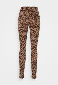 Legíny s leopardím potiskem v hnědé barevné paletě. Mají vysoký pas a úzký střih, vyrobené z elastického materiálu pro pohodlí.