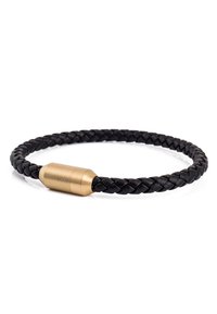 Black braided leather bracelet featuring a cylindrical gold-colored metal clasp with engraved text.
