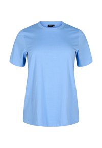 T-shirt azzurro chiaro a maniche corte realizzato in cotone morbido, con scollatura rotonda e una vestibilità comoda, senza modelli visibili o dettagli.
