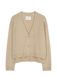 Beige Strickjacke aus weichem Strickmaterial, mit V-Ausschnitt, langen Ärmeln und einer Knopfleiste sowie einem leicht verkürzten Saum.