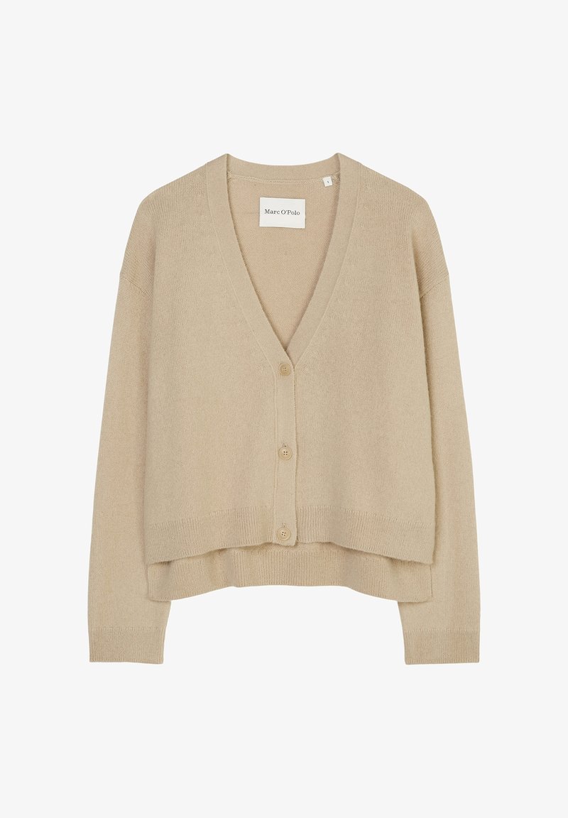 Beige Strickjacke aus weichem Strickmaterial, mit V-Ausschnitt, langen Ärmeln und einer Knopfleiste sowie einem leicht verkürzten Saum.