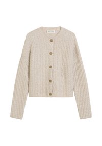 Beige Strickjacke mit strukturiertem Muster, Rundhalsausschnitt und sechs braunen Knöpfen vorne. Gekürztes Design mit langen Ärmeln.