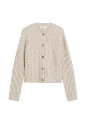 Beige Strickjacke mit strukturiertem Muster, Rundhalsausschnitt und sechs braunen Knöpfen vorne. Gekürztes Design mit langen Ärmeln.