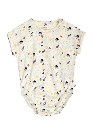 Rampers niemowlęcy z krótkimi rękawami, ozdobiony nadrukami w morskim stylu w kolorach niebieskim, czerwonym i żółtym, przedstawiającymi meduzy, rozgwiazdy, koniki morskie i koral na białym tle.