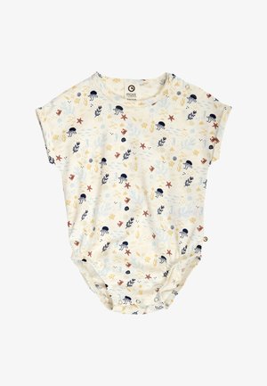 Baby-Strampler mit kurzen Ärmeln und Meerestier-Motiven in Blau, Rot und Gelb, darunter Quallen, Seesterne, Seepferdchen und Korallen auf weißem Hintergrund.