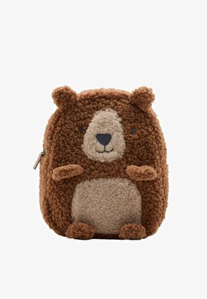 Bruine pluche beertjesvormige tas met een fuzzy textuur, crèmekleurige buik, kleine oren en gestikte gezichtskenmerken. Ritsluiting aan de zijkant.