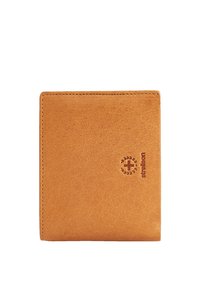 Portafoglio in pelle marrone con superficie texturizzata, design pieghevole, logo impressa e cuciture decorative lungo i bordi. Forma compatta e rettangolare.