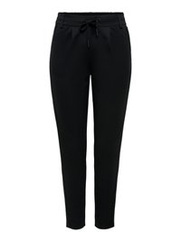 Black jogger pants with a drawstring waistband, featuring pleats and side accents. Made of soft fabric, with a tapered fit and elastic cuffs.