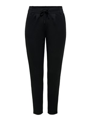 Schwarze Jogginghosen mit Kordelzugbund, die Falten und seitliche Akzente aufweisen. Hergestellt aus weichem Stoff, mit schmal zulaufender Passform und elastischen Bündchen.