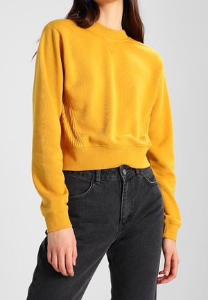 Vrouw die een felgeel cropped sweatshirt met lange mouwen draagt, gecombineerd met hooggetailleerde zwarte jeans, tegen een effen achtergrond.