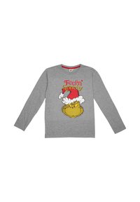 Maglietta grigia a maniche lunghe con una grafica colorata del Grinch con un cappello da Babbo Natale e il testo "Feelin' Grinchy" sopra.
