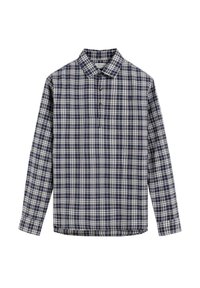 Camisa de cuadros en marino y blanco de manga larga con cuello y tapeta de tres botones, que presenta un corte relajado y una tela liviana.