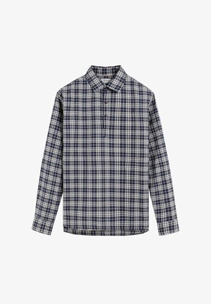 Camisa de cuadros en marino y blanco de manga larga con cuello y tapeta de tres botones, que presenta un corte relajado y una tela liviana.