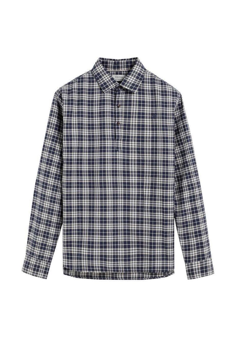 Camisa de cuadros en marino y blanco de manga larga con cuello y tapeta de tres botones, que presenta un corte relajado y una tela liviana.
