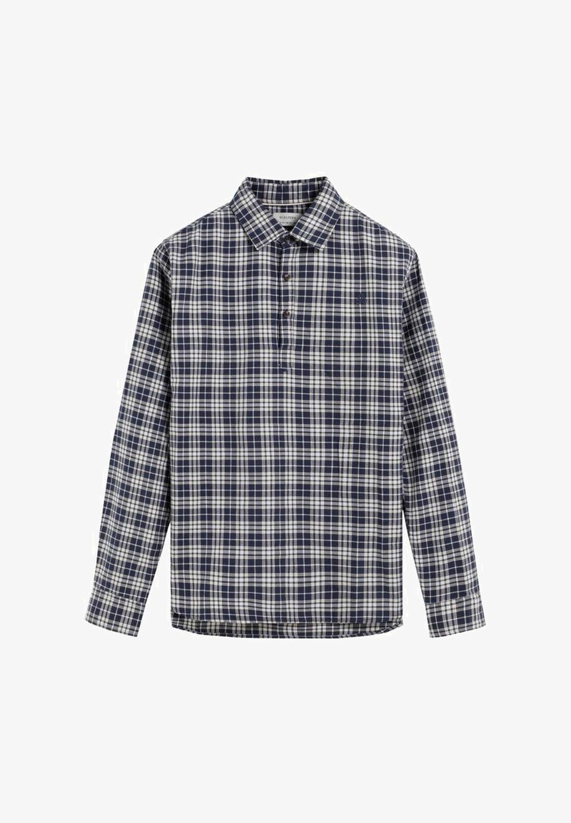 Cămașă cu mâneci lungi în carouri albastre și albe, cu guler și închidere cu trei nasturi, având un croi lejer și un material ușor.