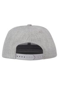 Gray fabric snapback cap with a flat brim, textured surface, adjustable plastic strap, and a ventilated interior.