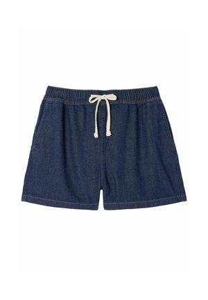 Dark blue denim shorts with elastic waistband, white drawstring, side pockets, and straight hem.