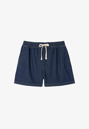 Dark blue denim shorts with elastic waistband, white drawstring, side pockets, and straight hem.