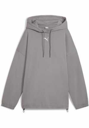Sweat à capuche gris avec cordons à la capuche, poignets élastiques, ourlet ajustable et petit logo blanc Puma sur la poitrine.