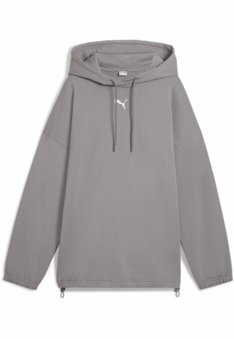 Sweat à capuche gris avec cordons à la capuche, poignets élastiques, ourlet ajustable et petit logo blanc Puma sur la poitrine.