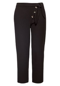 Pantaloni neri sartoriali in tessuto liscio, con un nodo laterale, tre bottoni decorativi e una vestibilità dritta.