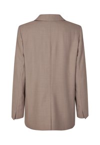 Beige blazer made from textured fabric, featuring a notched collar, long sleeves, a single back vent, and a tailored silhouette.