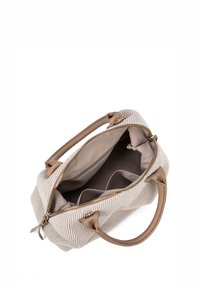 Borsa a strisce beige e crema con manici in finta pelle marrone. La chiusura con zip rivela un ampio interno foderato in tessuto con numerosi scomparti.