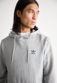 Hoodie grigio in cotone con coulisse, caratterizzato da un logo Adidas verde scuro sul petto. Texture morbida con maniche lunghe e una vestibilità rilassata.