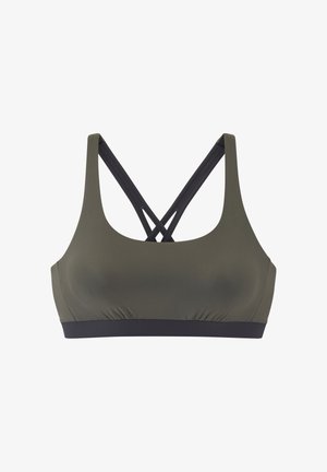 Sport-BH in Olivgrün mit schwarzen überkreuzten Trägern und schwarzem elastischem Bund am unteren Rand, entworfen für sportliche Aktivitäten.