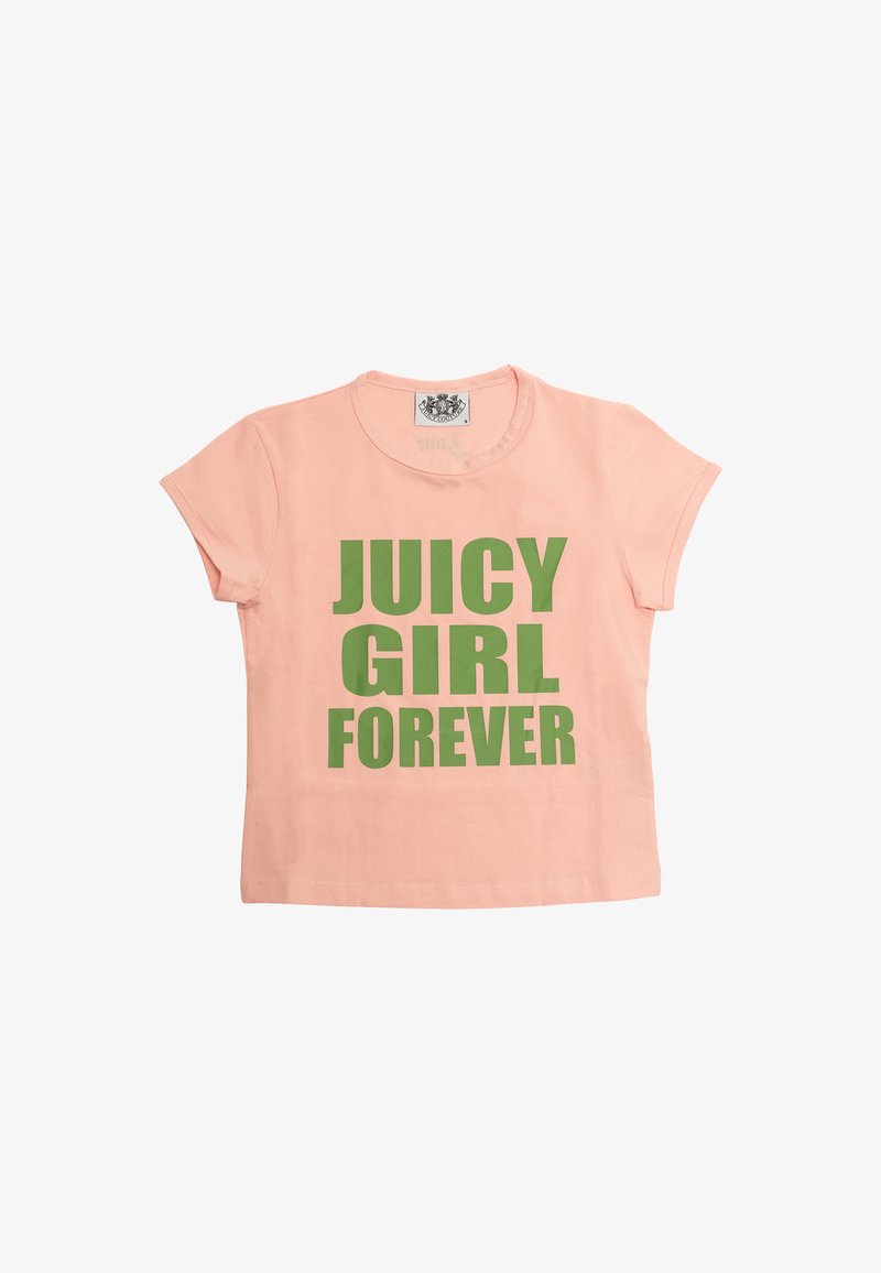 T-shirt rosa chiaro a maniche corte con testo verde audace che legge "JUICY GIRL FOREVER". Realizzato in cotone morbido, presenta un collo rotondo.