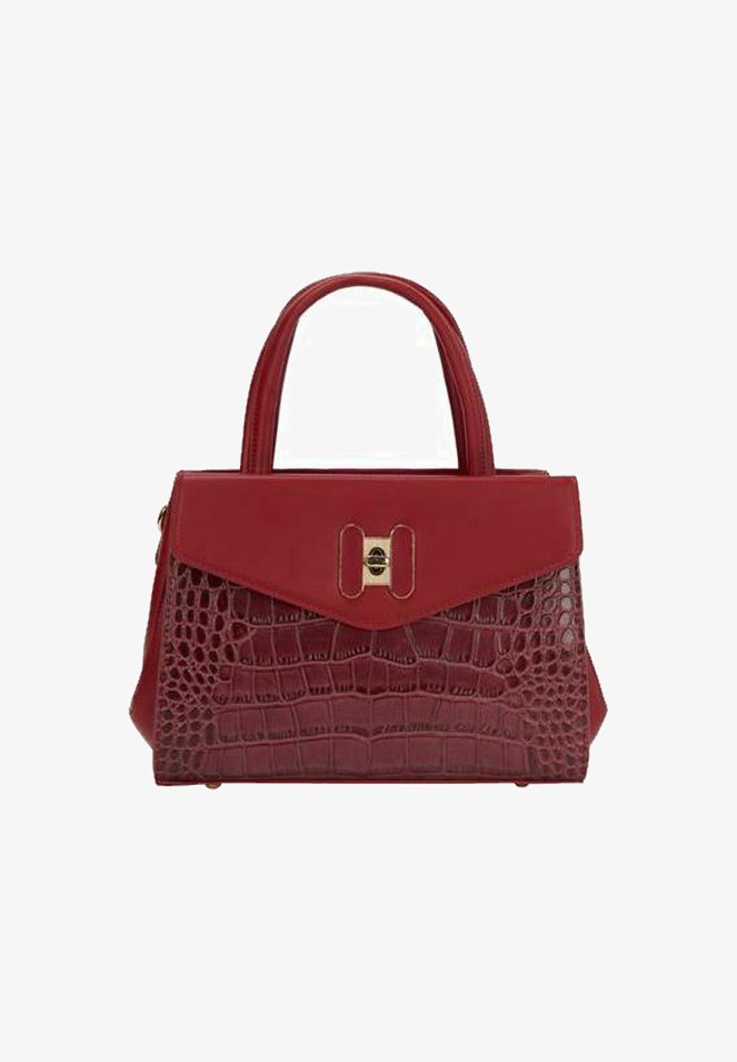 Rød håndtaske med et tekstureret krokodillemønster på den nederste halvdel, glat top, to håndtag og en guldkrog detalje på klappen.