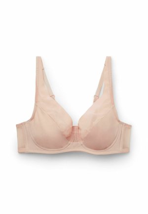 Sujetador con aros de color beige claro, con tirantes ajustables y copas suaves, diseñado para brindar soporte y comodidad.