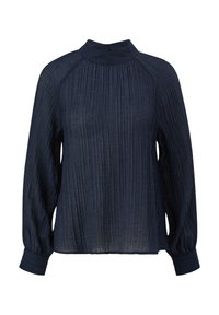 Navy blauwe blouse met lange mouwen, geplooide textuur, hoge hals en knoopmanchetten. Heeft een relaxed fit en lichtgewicht materiaal.