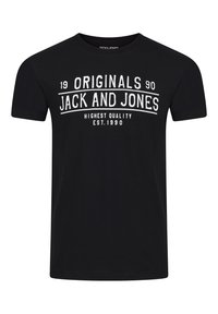 Camiseta de algodón negra con mangas cortas, cuello redondo y estampado blanco con el texto "Jack and Jones" y "Máxima Calidad".