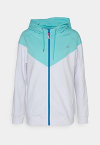 Sudadera con capucha en blanco y azul claro, con cierre de cremallera frontal, diseño en forma de chevron y dos bolsillos laterales. Cuerdas ajustables en la capucha.