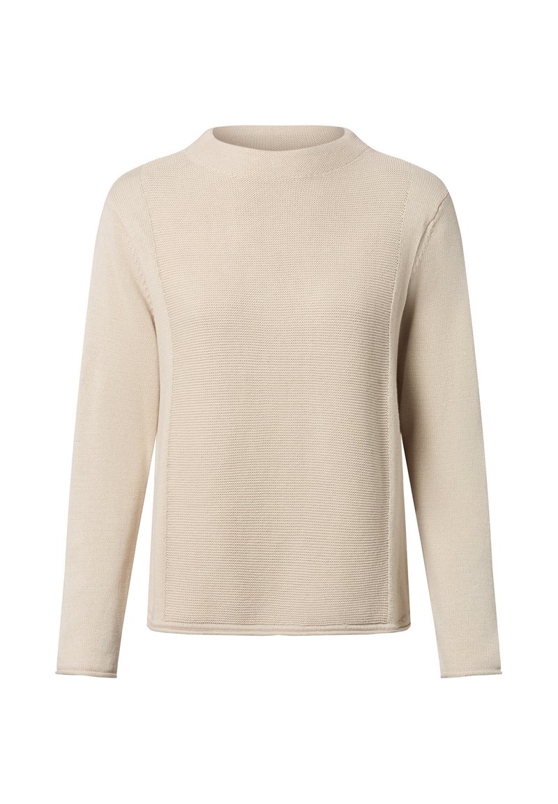 Beige gestrickter Pullover mit hohem Kragen, langen Ärmeln und strukturiertem Stoff. Verfügt über eine kastige Silhouette und seitliche Schlitzn am Saum.