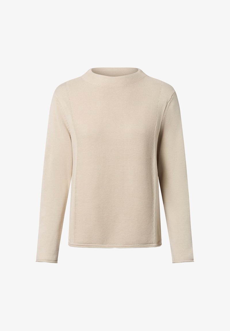 Beige gestrickter Pullover mit hohem Kragen, langen Ärmeln und strukturiertem Stoff. Verfügt über eine kastige Silhouette und seitliche Schlitzn am Saum.