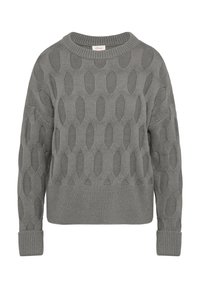 Grå strikket sweater med et struktureret mønster af aflange sekskanter, ribbede manchetter og rund halsudskæring. Blødt materiale med en afslappet pasform.