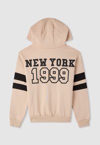 Felpa con cappuccio in beige chiaro con stampa nera "NEW YORK 1999" sul retro. Presenta strisce nere sulle maniche e un orlo a coste.