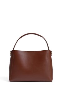 Brown leather handbag with a structured shape, single top handle, and minimal stitching details. Smooth texture with a glossy finish.