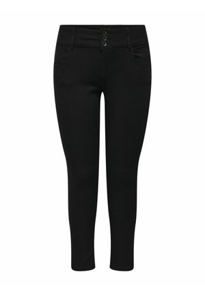 Jeans neri skinny realizzati in un tessuto elastico. Presentano una vita alta con chiusura a due bottoni, cinque tasche e una consistenza liscia.