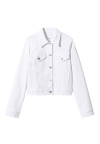 Giacca in denim bianco con collo classico, chiusura a bottoni, due tasche sul petto con pattina e maniche lunghe con polsini a bottoni.