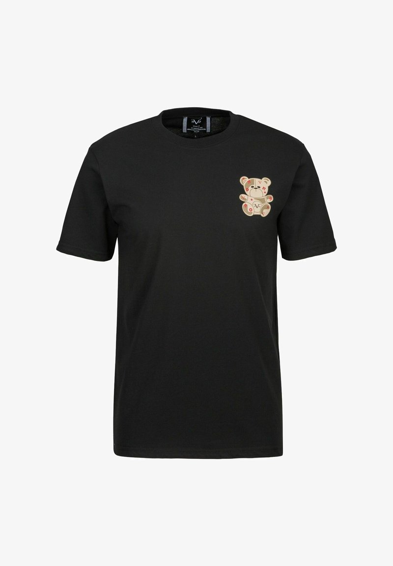 Schwarzes Baumwoll-T-Shirt mit einem bedruckten Teddy-Bären-Design in Beige und roten Akzenten auf der linken Brustseite. Kurze Ärmel, Rundhalsausschnitt.