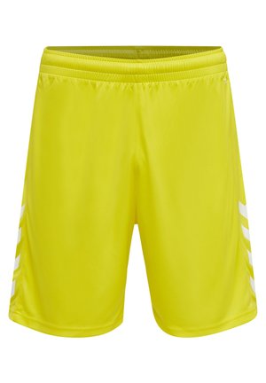Ljusa gula sportshorts i ett tunt, slätt tyg. Har en elastisk midja och vita diagonala ränder på sidorna.