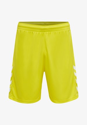 Lys gule atletiske shorts lavet af glat, letvægtsstof. Har en strækbar talje og hvide diagonale striber på siderne.