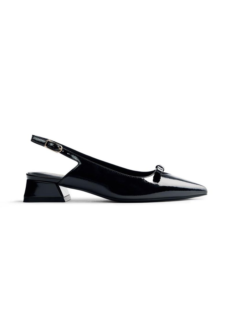 Black patent slingback shoe with a pointed toe and low block heel featuring a silver accent. Sleek design with minimal detailing.