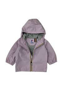 Giacca impermeabile viola chiaro con cappuccio, polsini elasticizzati, foderatura interna grigia, zip frontale con una striscia a contrasto e etichetta del marchio.