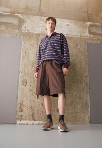 Randig långärmad polo med gröna, röda och blå linjer; bruna cargoshorts; bruna och krämfärgade sneakers; avslappnad passform, textil med struktur.