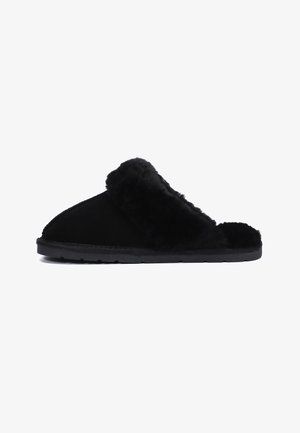 Black slide slippers with a soft fur upper and a suede exterior. Featuring a flat rubber sole and open toe design for comfort.