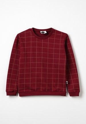 Sweat-shirt bordeaux à manches longues avec un col rond et des lignes légères en motif quadrillé réparties régulièrement sur le tissu.